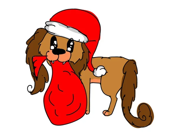 圣诞狗头戴红色圣诞老人帽 手持圣诞老人红包或装有新年礼物的袋子 — 图库矢量图片