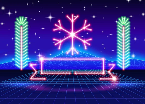 Świąteczna Kartka Neonowym Płatkiem Śniegu Tłem Komputera Lat — Wektor stockowy