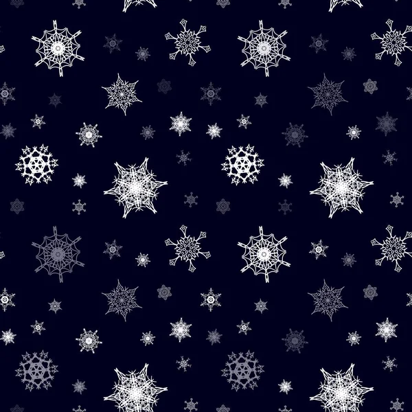 美しい回転透明雪のフレークで作られた落下雪とクリスマス雪のフレークシームレスパターン — ストックベクタ