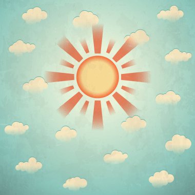 Güneş ve bulutlu, yaşlı, baskılı kart.