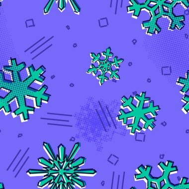 Noel süsleri, kurumsal tebrik kartları ve xmas tebrik kartları için dizayn edilmiş kar yıldızları desenli Memphis 'in kusursuz kar taneleri deseni.