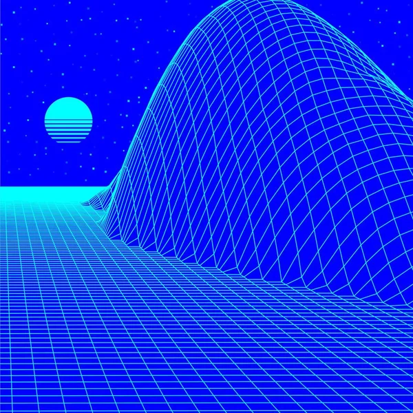 80年代スタイルのレトロコンピュータゲームや太陽と山や丘と科学からインスピレーションを受けた背景3D構造の青いワイヤーフレームグリッドと風景 — ストックベクタ