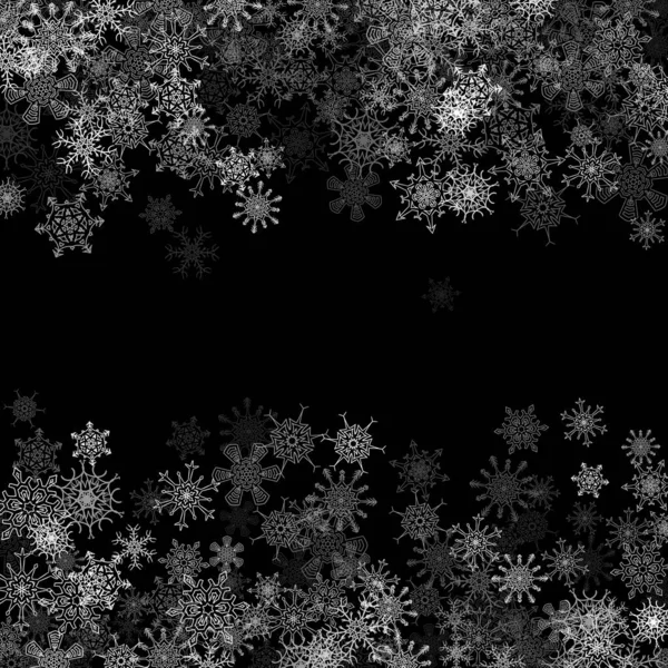 Chute Neige Avec Des Flocons Neige Aléatoires Couches Dans Obscurité — Image vectorielle