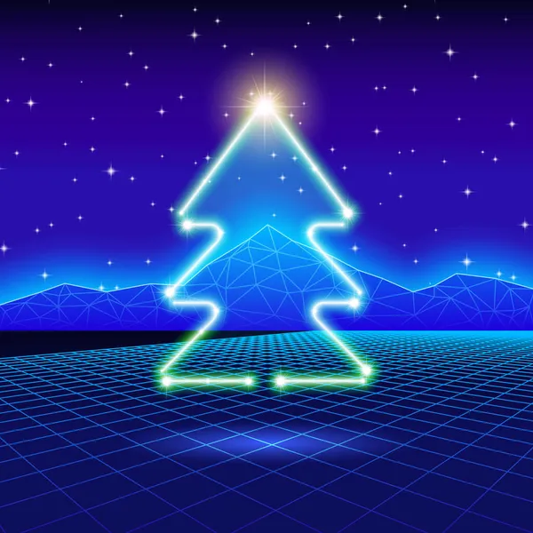ネオンの木と80年代のコンピュータの背景を持つクリスマスカード — ストックベクタ