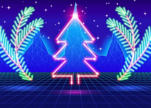 Weihnachtskarte Mit Leuchtbaum Und 80Er Jahre Computerhintergrund — Stockvektor