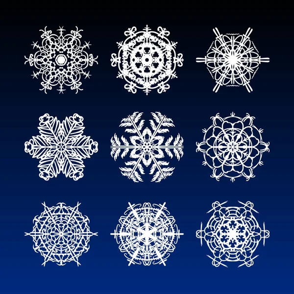 Copos Nieve Navidad Con Complicadas Estrellas Nieve Hermosas Filigranas Dibujadas — Vector de stock