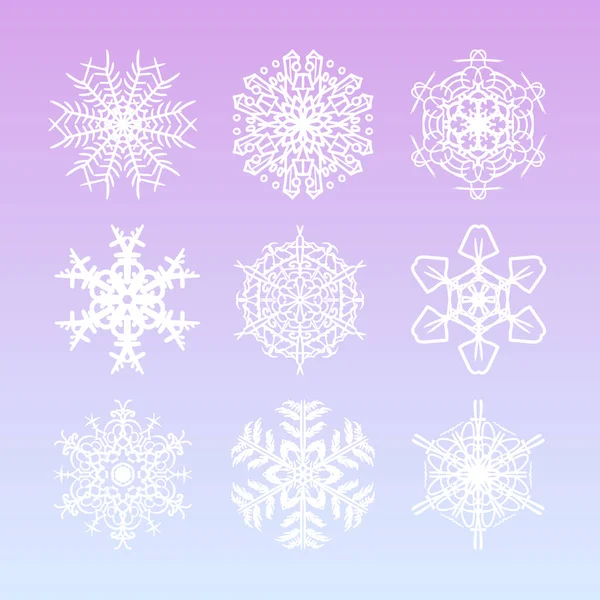 Copos Nieve Navidad Con Complicadas Estrellas Nieve Hermosas Filigranas Dibujadas — Vector de stock