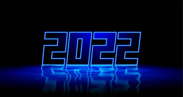 2022年新年蓝色霓虹灯标志与闪亮的3D数字和现实地反映在潮湿的地板上 2022年除夕派对或活动邀请卡徽章或封面设计 — 图库矢量图片