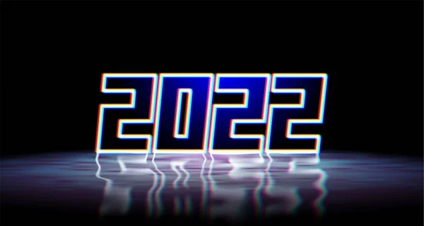 2022 Insegna Neon Glitch Capodanno Con Cifre Lucide Riflesso Realistico — Vettoriale Stock