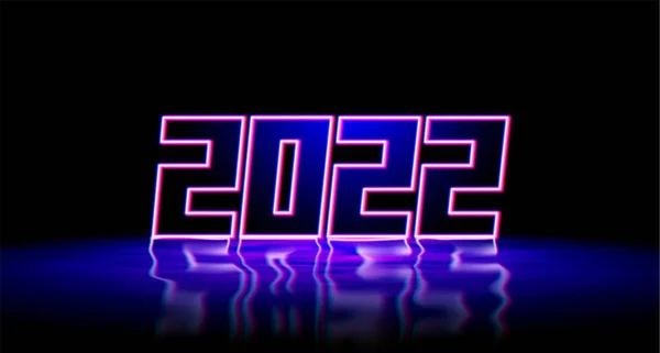 2022年新年紫色和蓝色霓虹灯标志与闪亮的3D数字和现实地反映在潮湿的地板上 2022年除夕派对或活动邀请卡徽章或封面设计 — 图库矢量图片