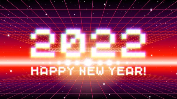 2022光るピクセルと赤のレトログリッドと新年のサイン 冬休みと年交代のシンボル — ストックベクタ