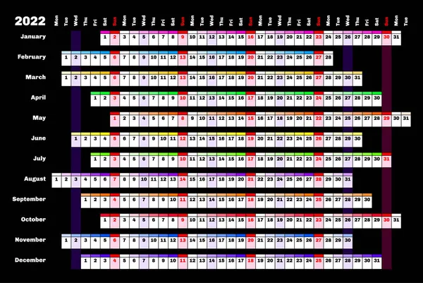 Černý Lineární Kalendář 2022 Barevným Kódováním Dní Měsíců — Stockový vektor