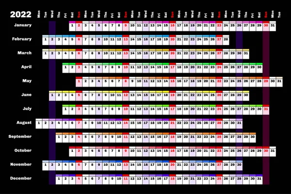 Günler ve aylar süren siyah doğrusal takvim 2022