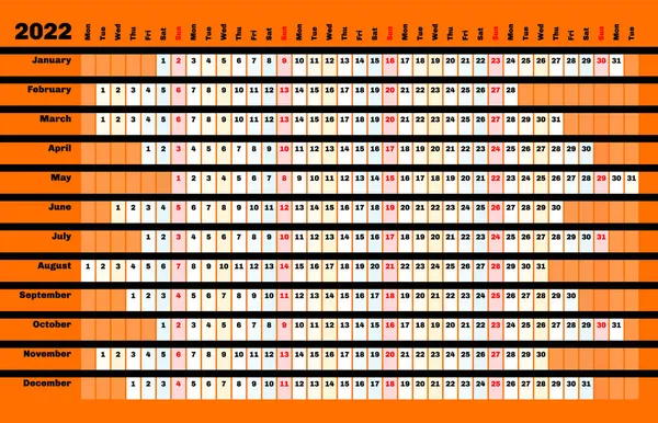 Чорний Лінійний Календар 2022 Року Кольоровим Кодуванням Днів Місяців — стоковий вектор