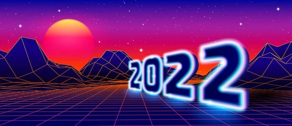 2022 Leuchtreklame Für Silvesterfeier Mit 80Er Jahre Arcade Spiel Gitterlandschaft — Stockvektor