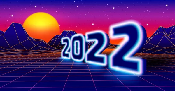 2022 Néon Signe Pour Célébration Nouvel Avec 80S Style Paysage — Image vectorielle