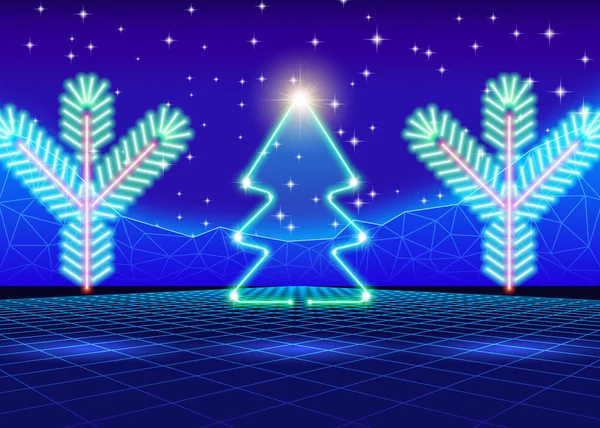 Cartão Natal Com Árvore Néon Fundo Computador Dos Anos — Vetor de Stock
