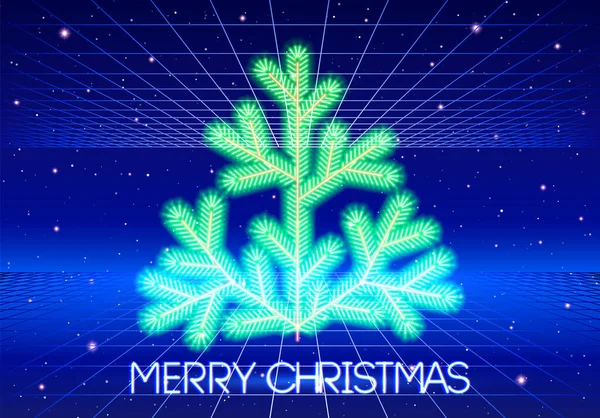 有霓虹灯圣诞树和80年代风格复古电脑背景的圣诞卡 — 图库矢量图片