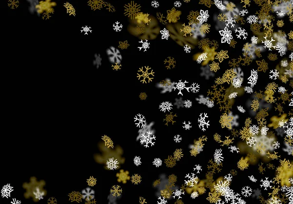 Snöfall Bakgrund Med Gyllene Snöflingor Suddig Perspektiv — Stock vektor