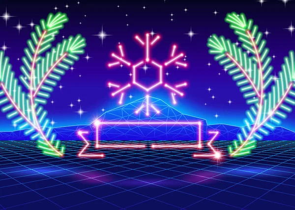 Świąteczna Kartka Neonowym Płatkiem Śniegu Tłem Komputera Lat — Wektor stockowy