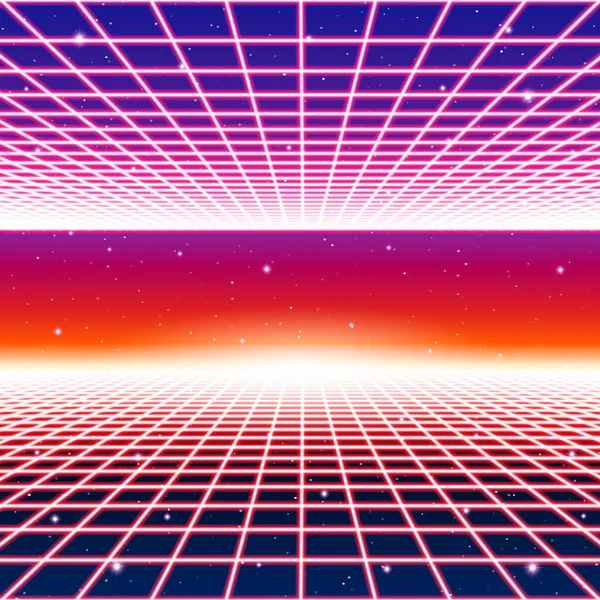 Retro Neon Hintergrund Mit Lasergitter 80Er Jahre Stil Und Sternen — Stockvektor