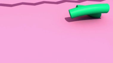 Yeşil geometrik solucanların soyut çizimi dalgalı hareketlerle dalmaları ve sarı zigzag çizgisi boyunca pembe arkaplanda yüzmeleri.