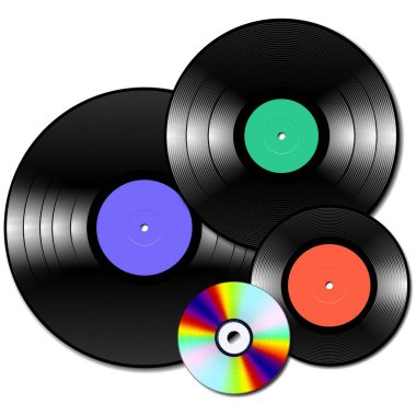 Çeşitli boyutlarda müzik medyası olan vinil ve ep referans koleksiyonu. 12, 10 ve 7 inç basılı diskler ve CD 'ler. Gerçek ölçek