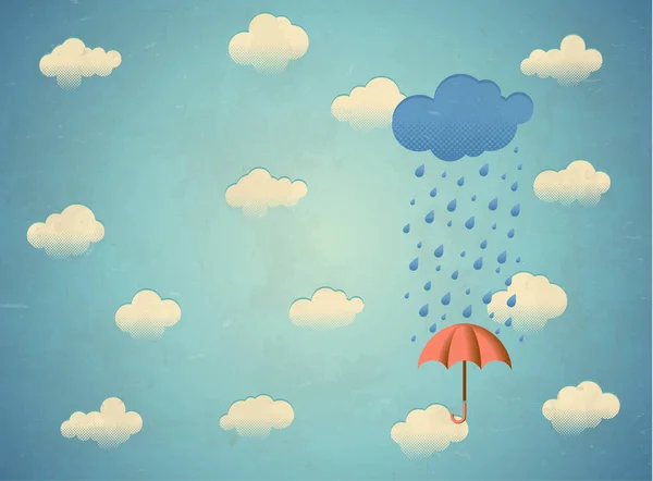 Yağmurlu Bulutlu Şemsiyeli Eski Bir Kart — Stok Vektör