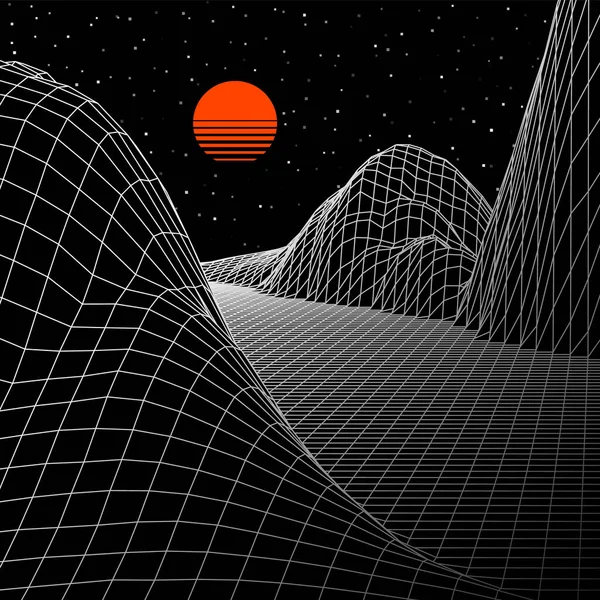 80年代スタイルのレトロコンピュータゲームや太陽と山や丘と科学からインスピレーションを受けた背景3D構造のワイヤーフレームグリッドと風景 — ストックベクタ