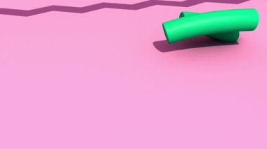 Yeşil geometrik solucanların soyut çizimi dalgalı hareketlerle dalmaları ve sarı zigzag çizgisi boyunca pembe arkaplanda yüzmeleri.