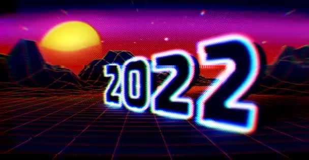 2022 Leuchtreklame für Silvesterfeier mit 80er-Jahre-Stil Arcade-Spiel Rasterlandschaft und gelber Sonne. Gleitender Bewegungseffekt — Stockvideo