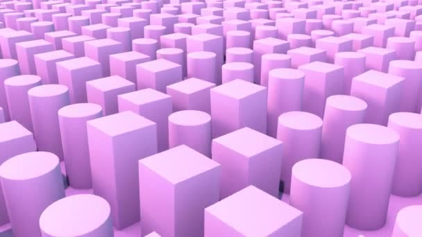 Абстрактный фон с 3D-рендером кубов и цилиндров в розовом свете, маячащий вверх и вниз с полетом камеры от пейзажа к виду сверху — стоковое видео