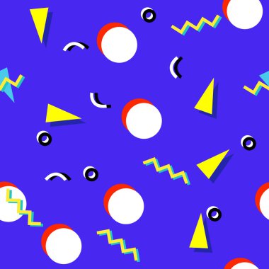 80 'lerin Memphis stili kusursuz desenli modern geometrik tekrarlayan garip renkli şekiller.