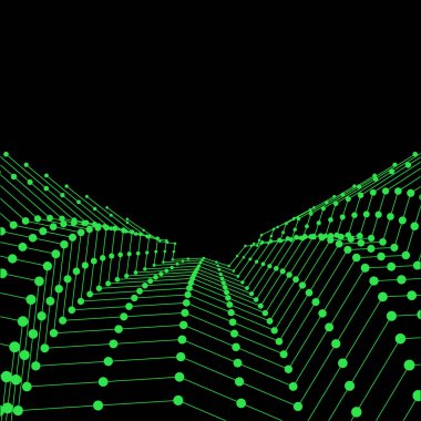 Yeşil kablolarla bağlı noktalardan oluşan dalgalı ızgara