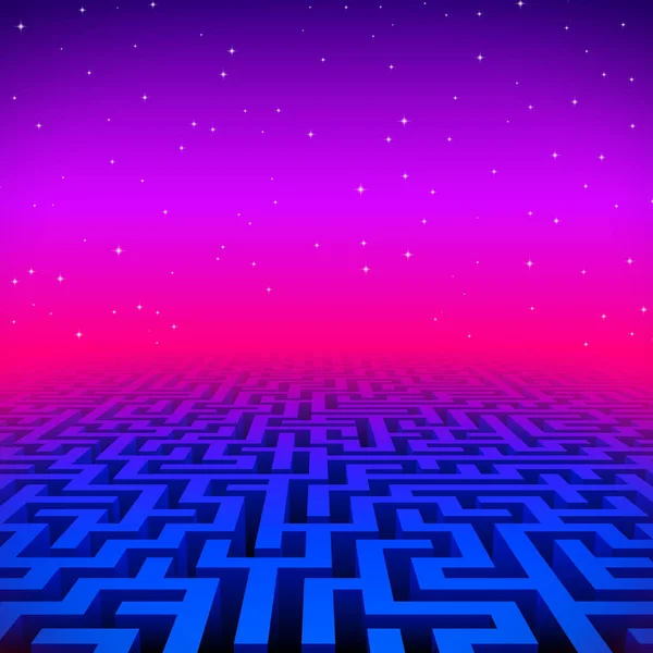 Paysage Néon Rétro Gaming Hipster Avec Labyrinthe Bleu — Image vectorielle