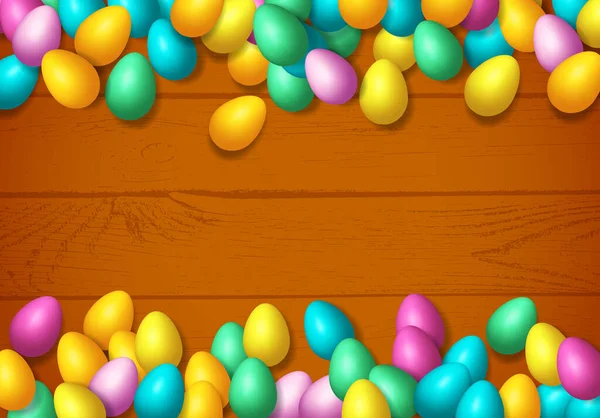 Moldura Páscoa Com Ovos Coloridos Brilhantes Espalhados Sobre Fundo Madeira — Vetor de Stock