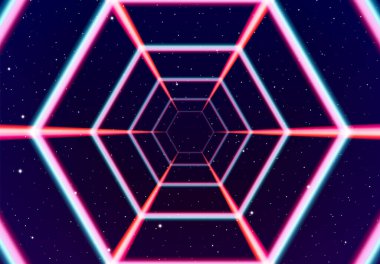 Uzayda 80 'lerin stil lazer çizgileri olan neon tüneli fütürist poster ya da broşür için. Yıldızlı bir kapı ve muhteşem parlak bir yol
