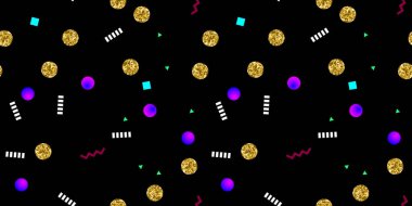 Memphis stili, altın renkli dairelerle kusursuz bir desen.