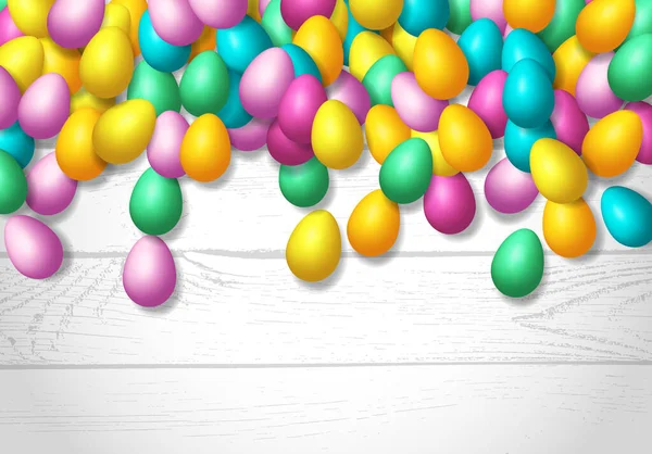 Moldura Páscoa Com Ovos Coloridos Brilhantes Espalhados Sobre Fundo Madeira — Vetor de Stock