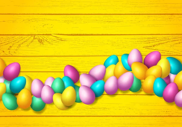 Osterrahmen Mit Bunten Glänzenden Eiern Auf Holzgrund — Stockvektor