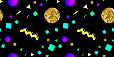 Memphis stili, altın renkli dairelerle kusursuz bir desen.