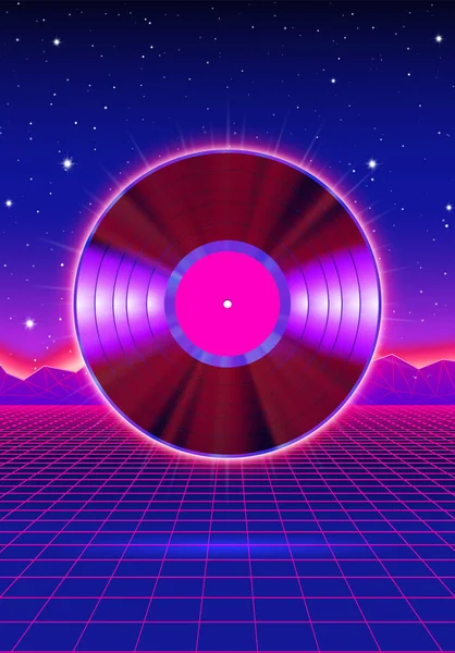 80 'ler tarzı ultraviyole arka planlı vinil parti posteri ve House Rave Club geceleri için albüm. Modern elektronik müzik dans partisiyle mavi ve mor broşür ya da broşür reklamı