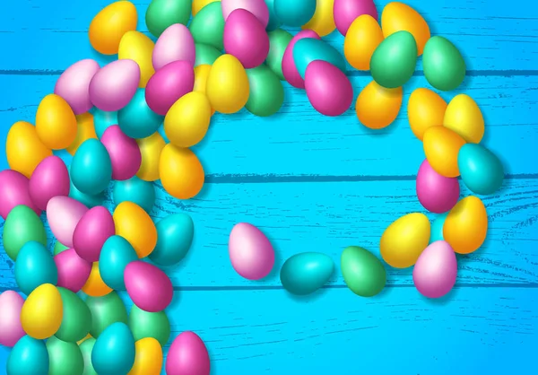 Marco Pascua Con Brillantes Huevos Colores Repartidos Sobre Fondo Madera — Vector de stock