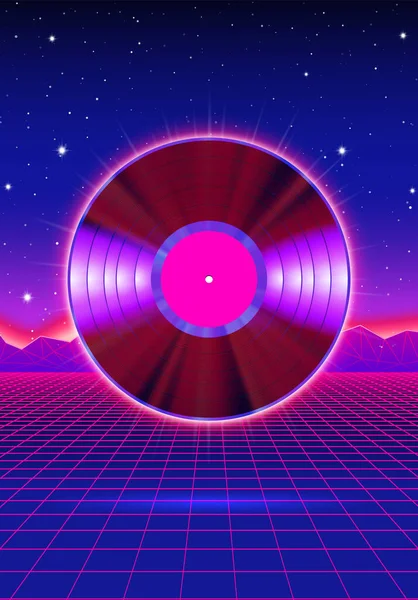 维尼派对海报80年代风格的紫外线背景和Lp为豪宅狂欢俱乐部的夜晚 在现代电子音乐舞会上刊登蓝色和紫色传单或传单 — 图库矢量图片#