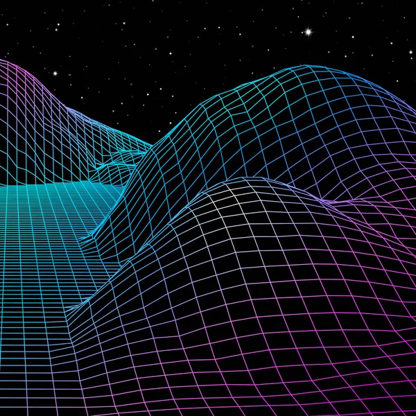 80年代スタイルのレトロコンピュータゲームや赤の山や丘と科学からインスピレーションを受けた背景3D構造のワイヤーフレームグリッドと風景 — ストックベクタ