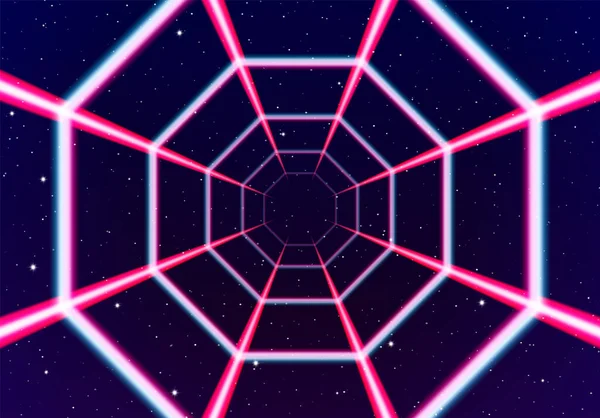Neon Alagút Űrben Évekbeli Stílusú Lusta Vonalak Futurisztikus Plakát Vagy — Stock Vector