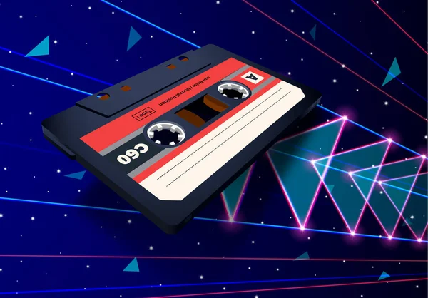 Compact Cassette Flying Space Laser Rays Neon Triangles 80S Styled — Stock Vector