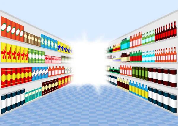 Süpermarket rafları koridorunda sonunda ışık var.
