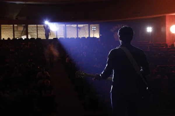 Rückansicht Silhouette Eines Musikers Mit Gitarre Auf Der Bühne — Stockfoto