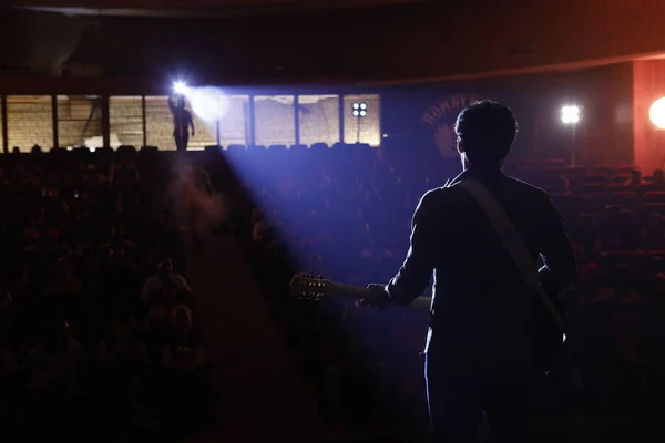 Rückansicht Silhouette Eines Musikers Mit Gitarre Auf Der Bühne — Stockfoto